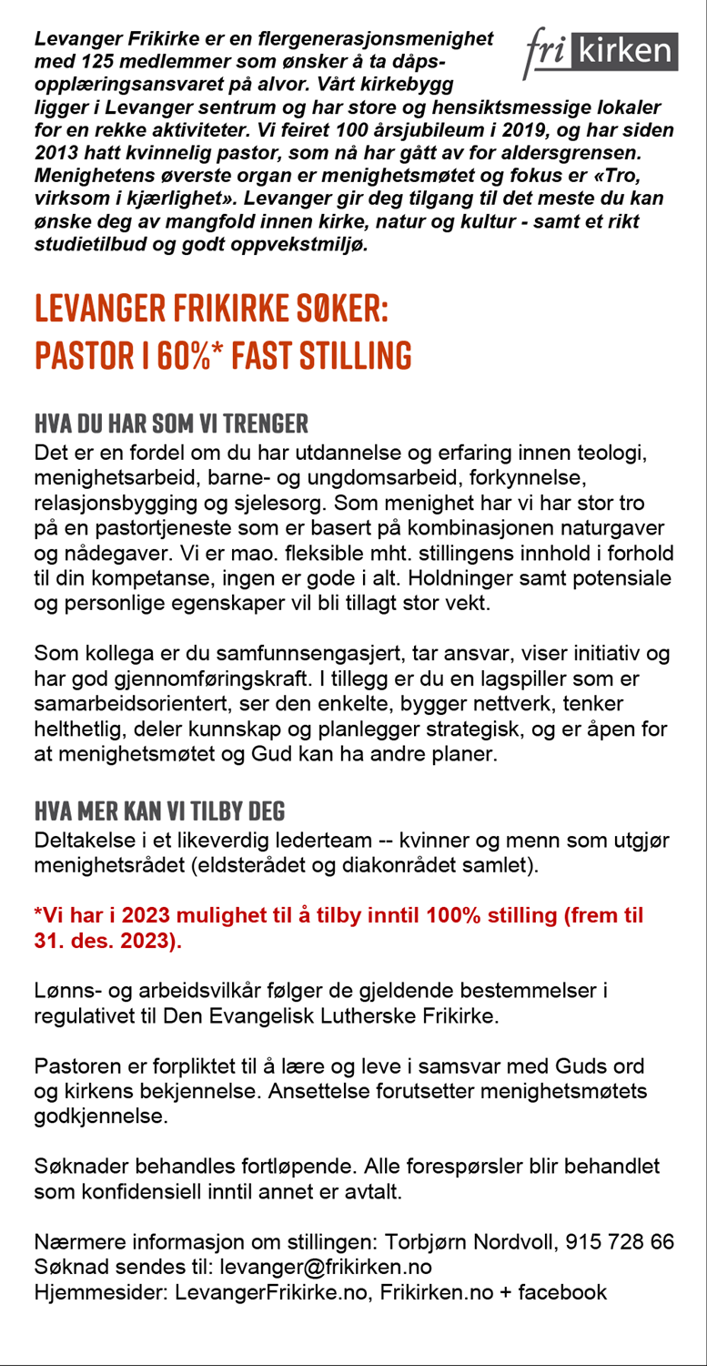 stillingsutlysning-levanger-2023-pastor